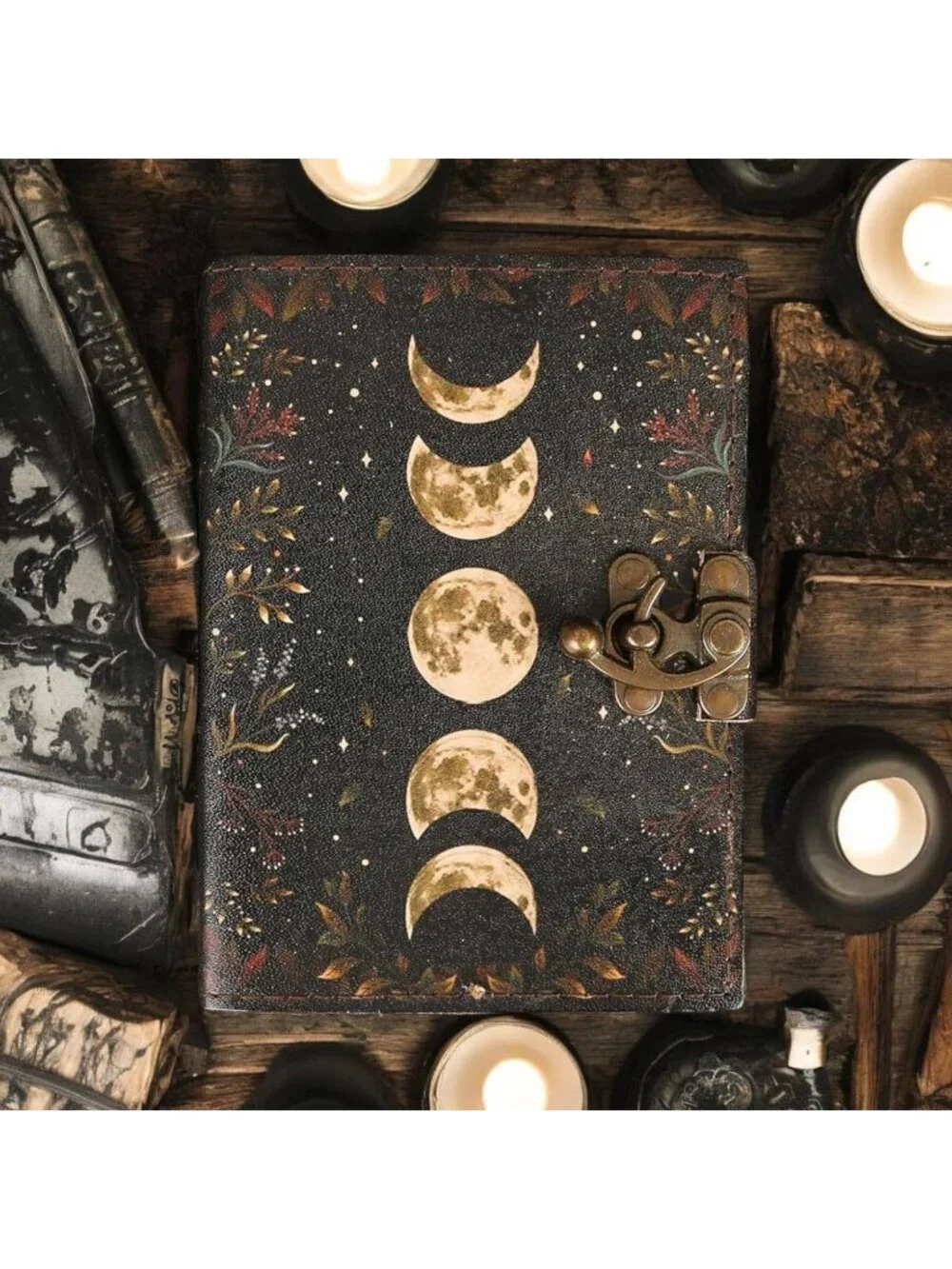Moon Phase Journal Celestial Deckle Edge Paper Brass Clasp Black 7x5 Grimoire